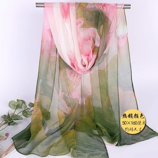 Lotus Georgette Medium Long Scarf Wholesale Printed Scarf Summer Sunscreen Shawl Heat Insulation Mother Dance All-Match