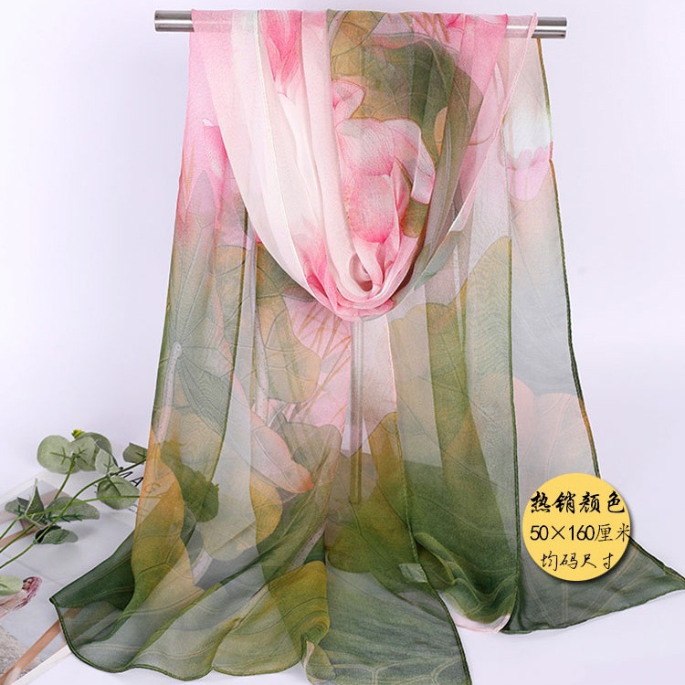 Lotus Georgette Medium Long Scarf Wholesale Printed Scarf Summer Sunscreen Shawl Heat Insulation Mother Dance All-Match