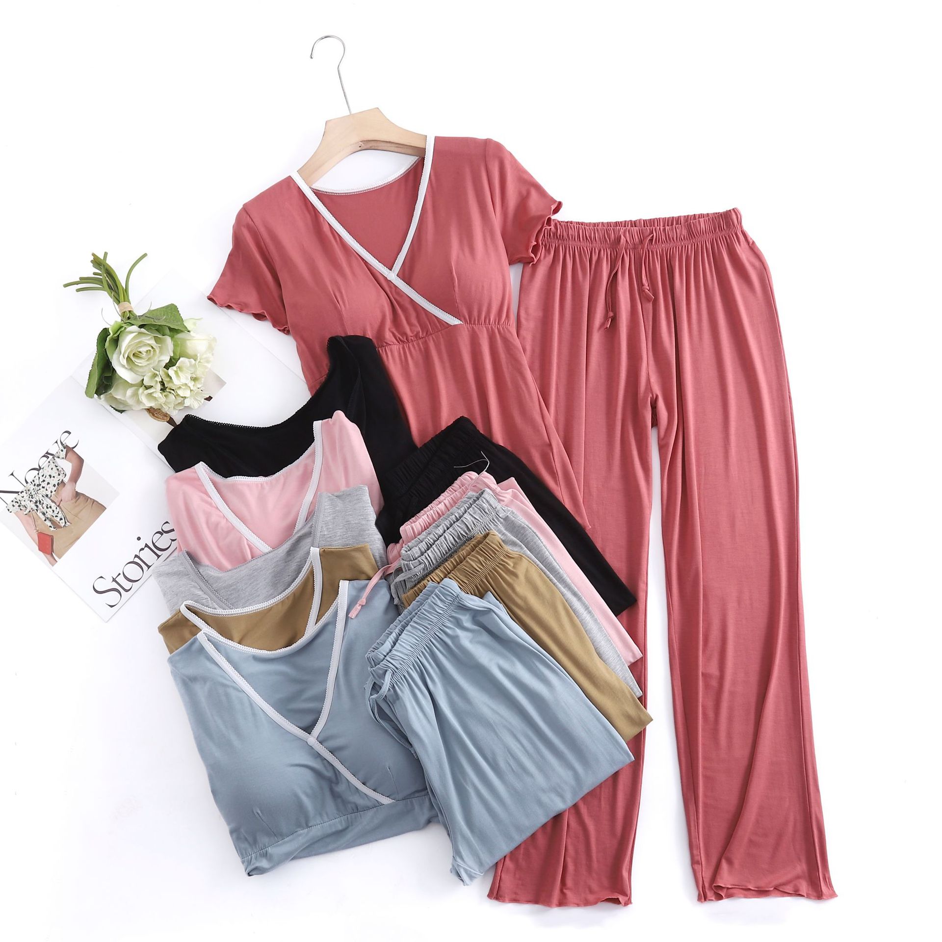 Modal Breastfeeding Short-sleeved Trousers Pregnant Women's Summer Monthly Clothing Home Breastfeeding Casual Going Out V-neck Lace Suit