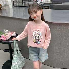 春秋季儿童T恤2026中小童套头衫卡通小兔子休闲百搭圆领粉色上衣