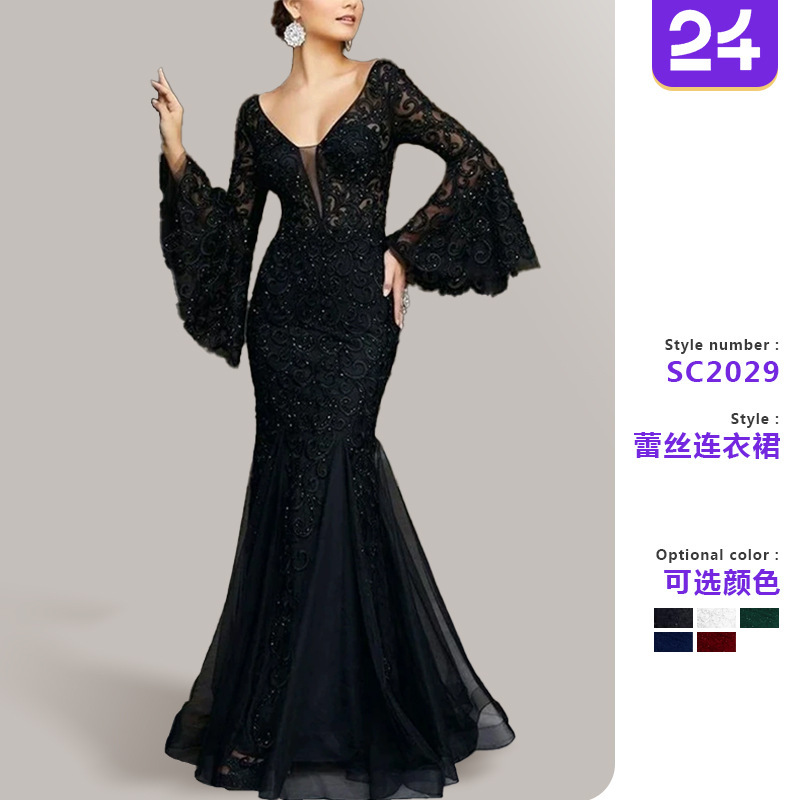 2026 New Cross-Border European and American Women's Clothing Amazon Dress Lace Embroidered Fishtail Black Slim-Fit Evening Dress