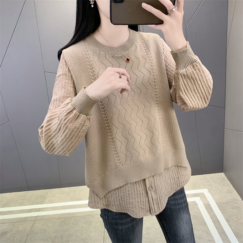 圆领针织拼接假两件衬衫女2025春秋时尚毛衣高级感卫衣针织衫上衣|undefined