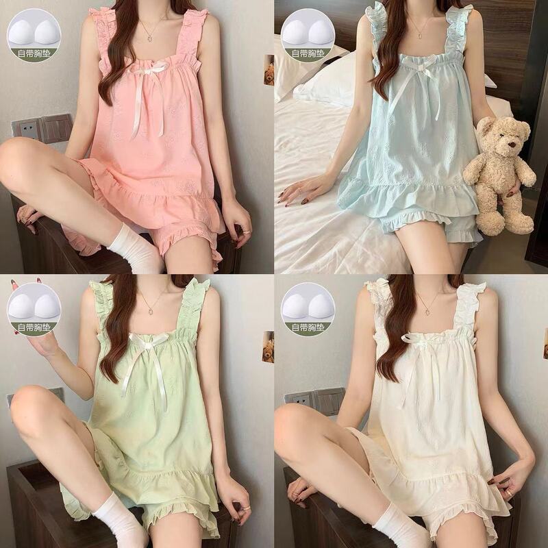 Pajamas Women's Summer New Sweet Cyber Celebrity Girl Sling suit Cloud Cotton Belt Chest Pad Loose Cute Home Clothes Pajamas Women's Summer New Sweet Cyber Celebrity Girl Sling suit Cloud Cotton Belt Chest Pad Loose Cute Home Clothes