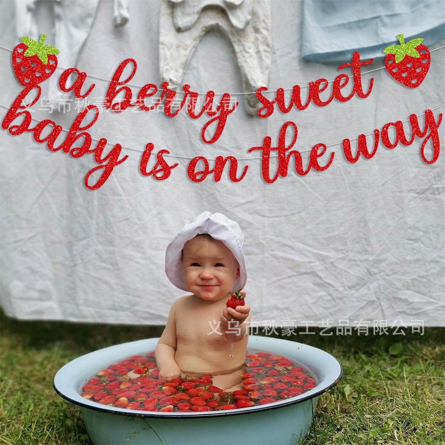 Tema de la fresa 1 año banner de cumpleaños, decoración de fiesta de la fresa brillante, suministros de la bandera, accesorios de diseño del lugar