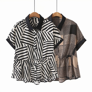 Short-sleeved shirt large size women's stitching waist slimming 2024 summer fat mother cardigan slimming 200kg shirt 2269