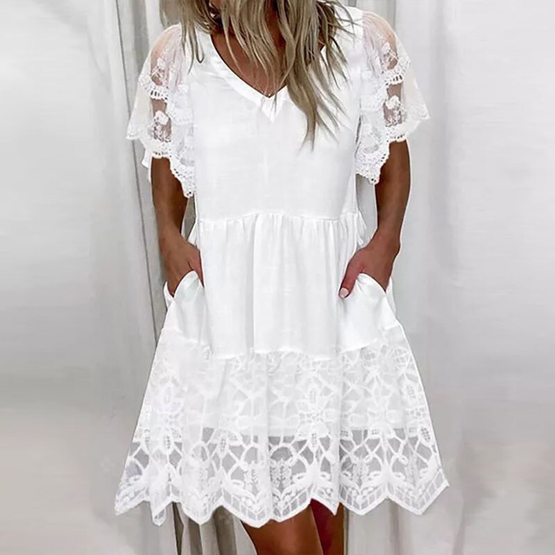 Spot Cross-Border European and American Clothing 2024 Spring and Summer New V Neck Lace Short-Sleeved Dress