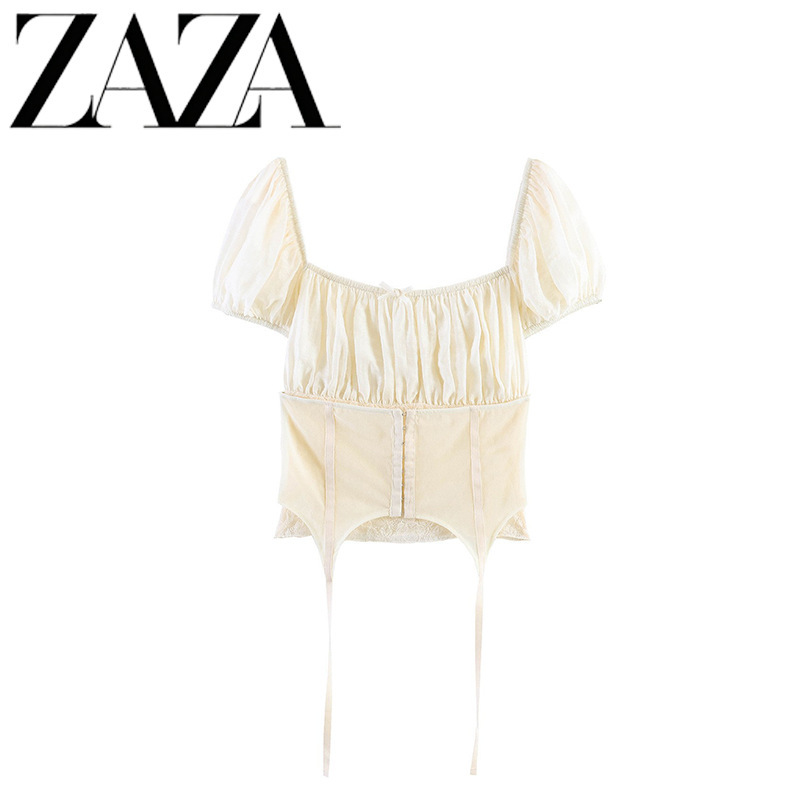 Zaza Self-Made European and American Style Wholesale Women's Clothing, Fashionable and Versatile, Cross-Border Foreign Trade Patchwork Waist-Cinching Tops and T-Shirts