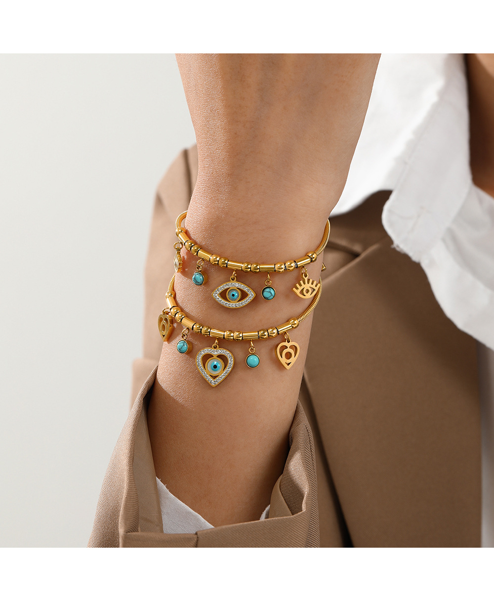 12g Weight December Birthstone Turquoise, Rhinestones Inlay Material Bracelets Classification Fashion Devil's Eye Heart Shape Stainless Steel Plating Turquoise Rhinestones Bracelets