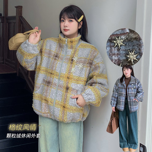 K2884 plus size Women's Loose Plaid Casual Coat Granular Velvet Quilted Coat Chubby Girl Coat