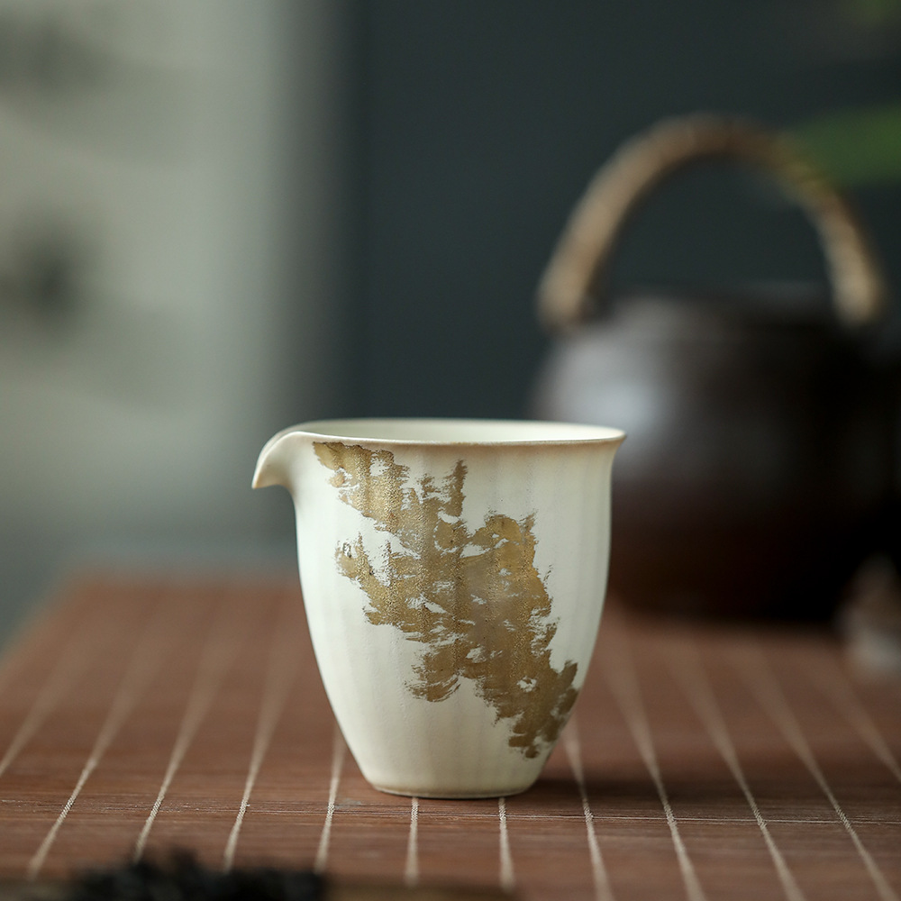 粉引皴擦手绘银空间茶道具柴烧落灰自然陶瓷公道杯茶席分茶器180c