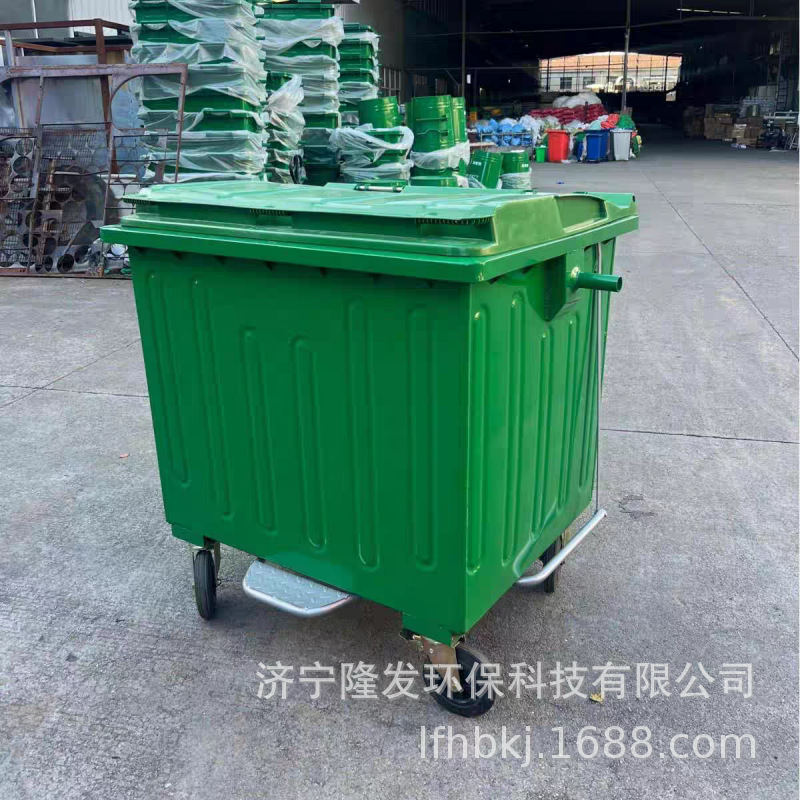 环卫铁质1100L镀锌桶外贸出口手推中转大容量带轮盖挂车垃圾桶