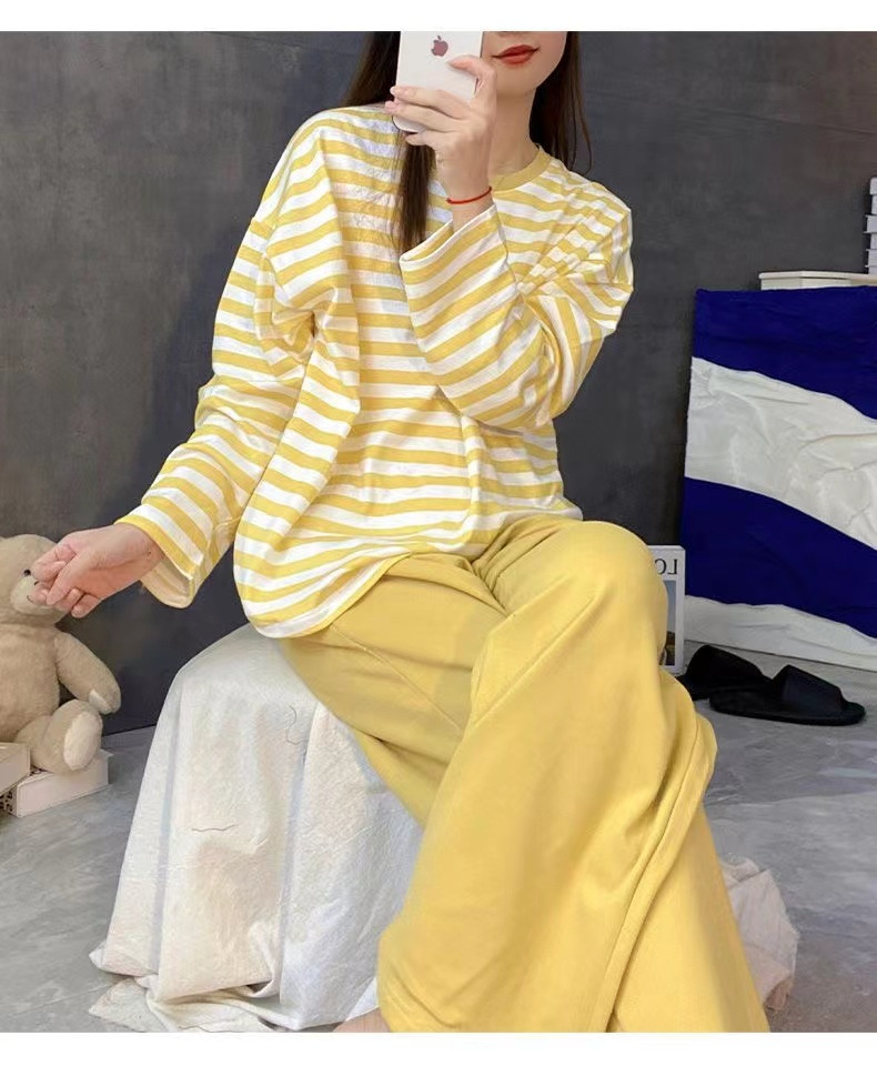 2023自带胸垫 条纹睡衣女士春秋学生长袖长裤套装家居服