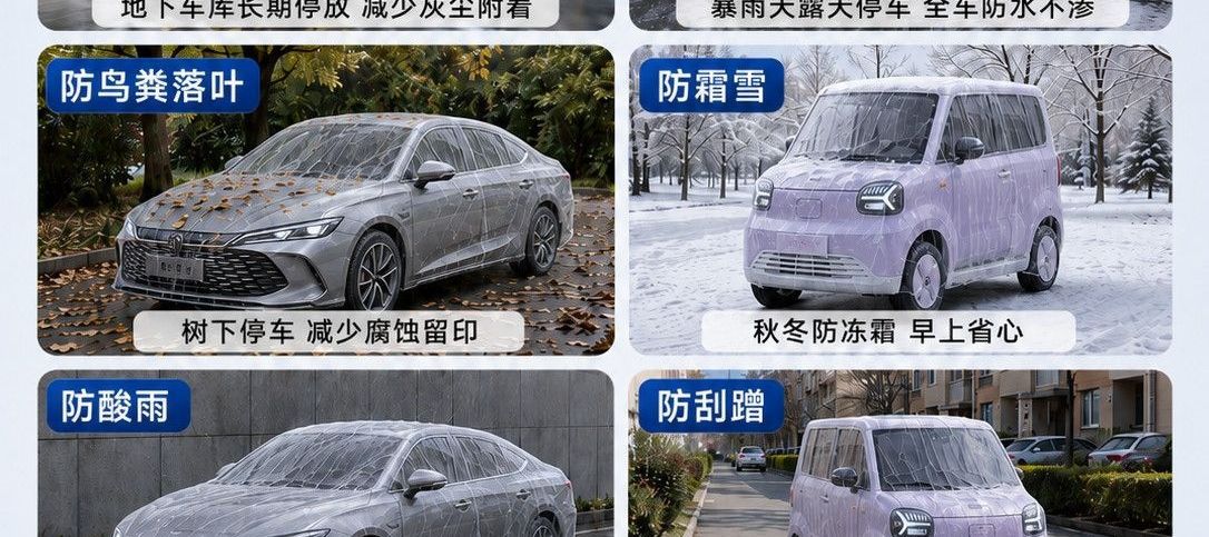 Dustproof car cover made of plastic, suitable for all seasons, fully snowproof outdoor car cover with elastic wrap and disposable drawstring, thickened