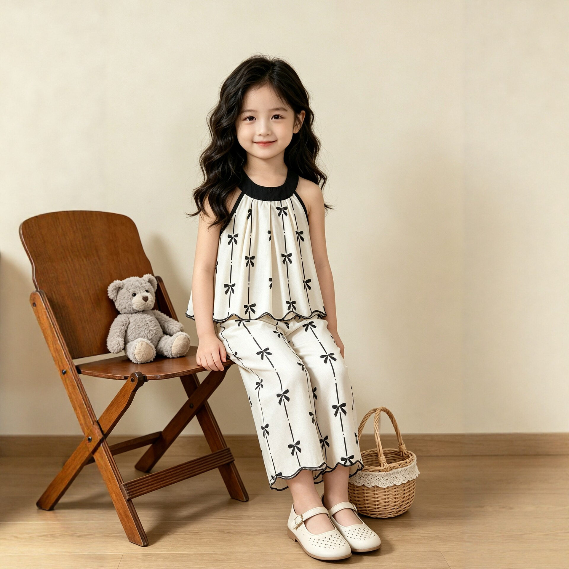 2026 Summer Girls' Halter Neck Set: Off-White Bow Print Top + Flowy Wide-Leg Pants Korean Style Two-Piece Set