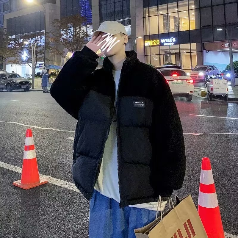 Chaqueta de lana de cordero tendencia masculina 2024 otoño e invierno estilo de Hong Kong costura chaqueta acolchada de algodón pareja ropa acolchada de felpa hermosa marea ins