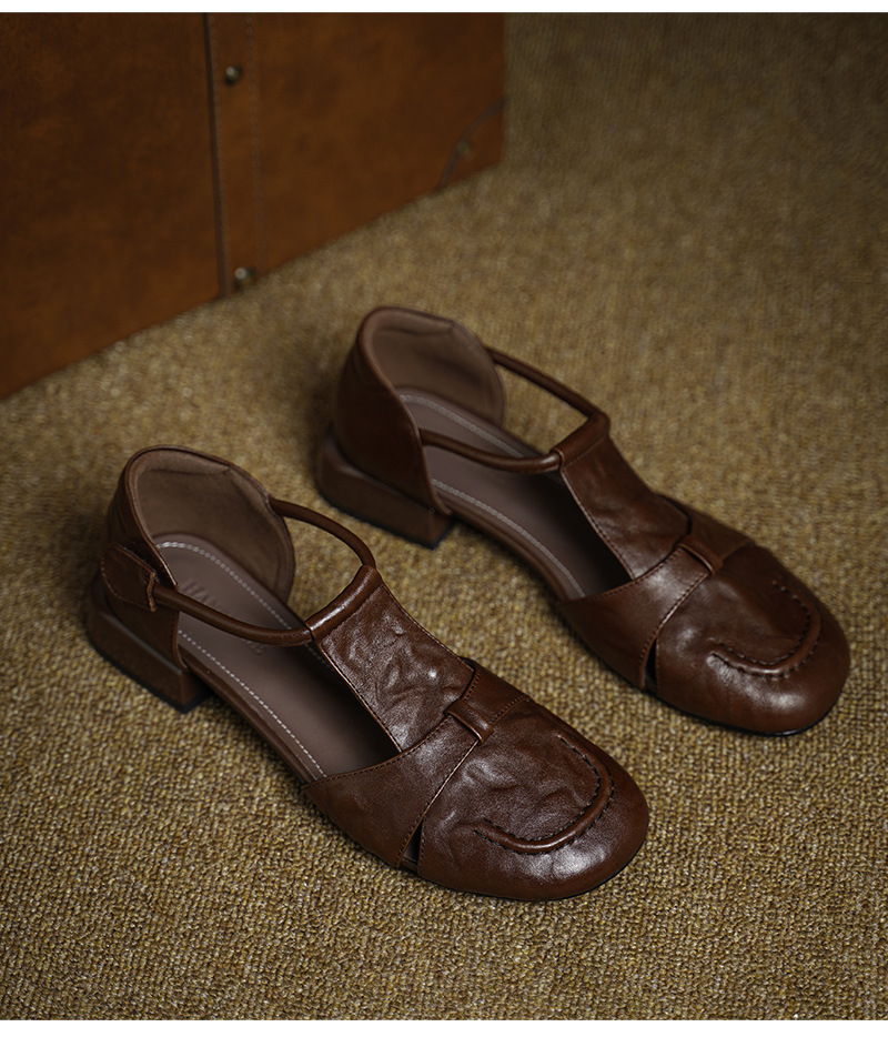 Dép sandal nữ da bò kiểu retro quai chữ T, mũi kín, gót thấp — màu nâu chi tiết 15