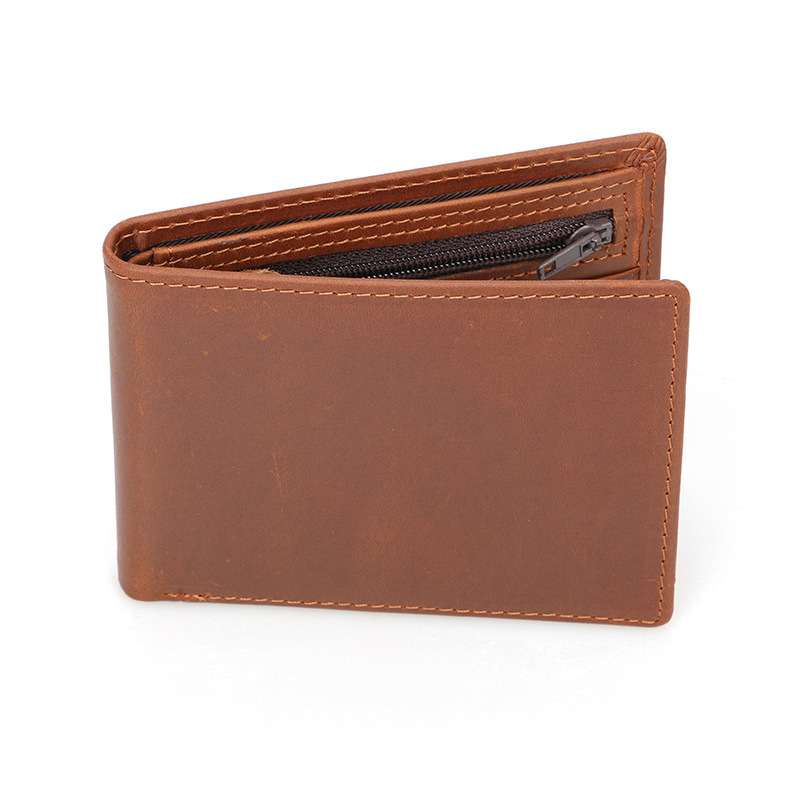 New cross-border genuine leather wallet, vintage top-layer crazy horse leather, thin and short style for men and women, anti-theft zipper coin purse