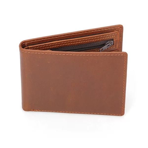New cross-border genuine leather wallet, vintage top-layer crazy horse leather, thin and short style for men and women, anti-theft zipper coin purse