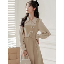 高级感假两件拼接长袖连衣裙女韩版显瘦收腰赫本风法式中长裙子清