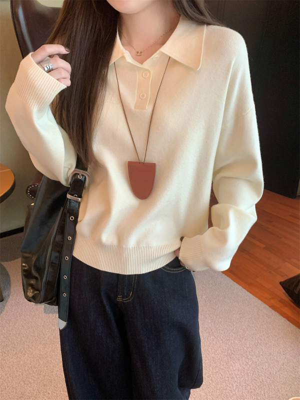 韩系polo领松弛感针织毛衣女2025春季简约慵懒打底衫宽松内搭上衣|undefined