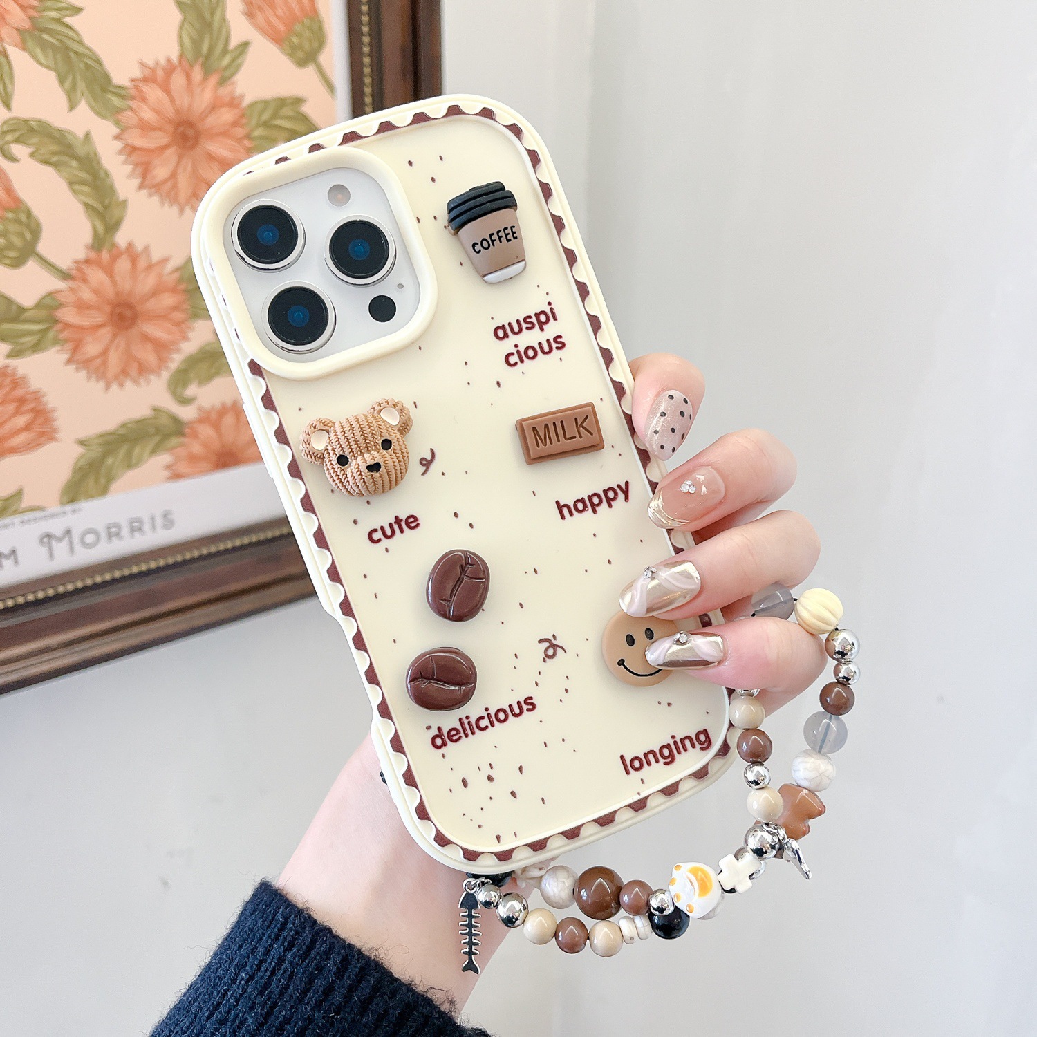 Oso de galleta tridimensional con salpicaduras de tinta estilo ins para iPhone 16/15ProMax funda para teléfono móvil 13 cadena Apple 14