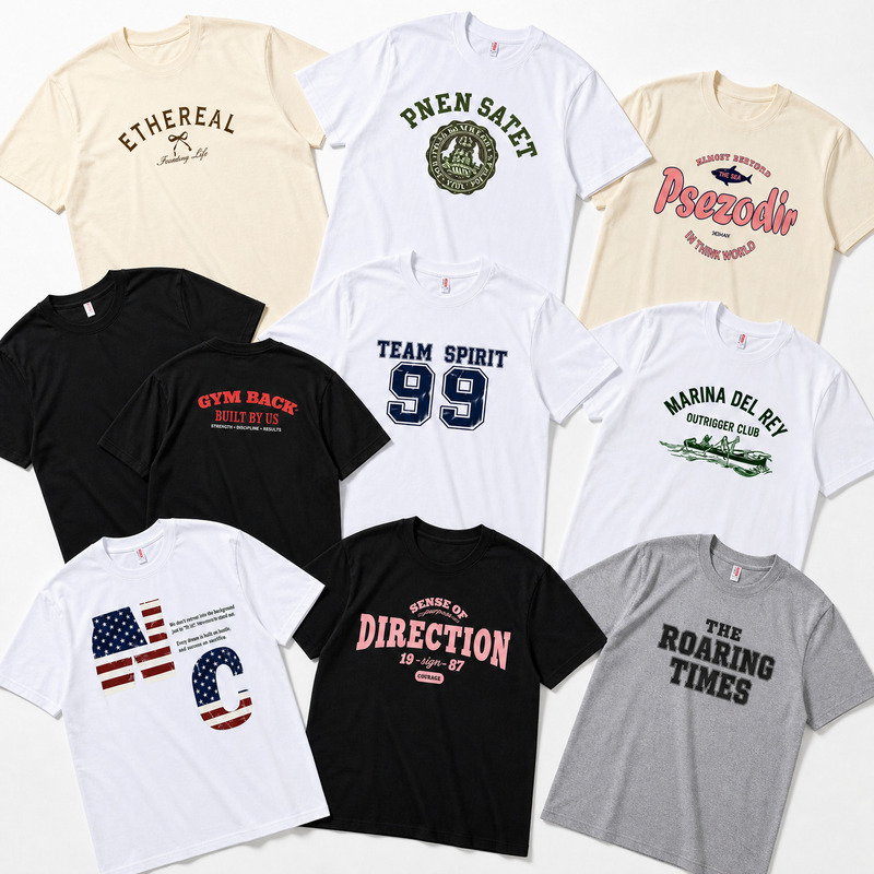 Pure cotton loose short-sleeved T-shirt with text, American retro style, summer universal style