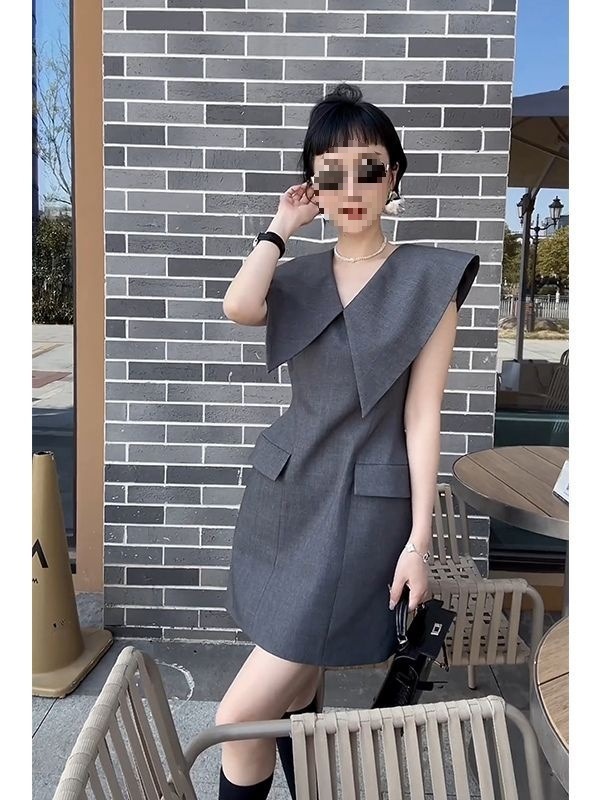 Đầm nữ ve lớn không tay thắt eo phong cách Pháp màu xám — màu đen, màu xám chi tiết 1