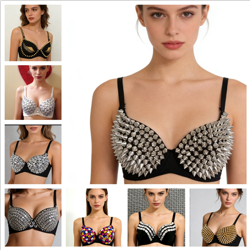 Cross-Border Rivet Bra Lingerie Punk Rhinestone Jewelry Sparkling Rhinestone Beaded Nightclub Bar Stage Outfit Ds Belly Dance Performance Costume