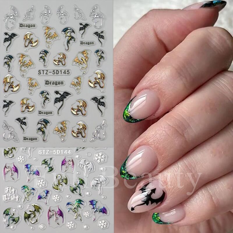 FULL BEAUTY跨境新款美甲贴纸浮雕金色银色恐龙翼龙美甲贴纸|undefined