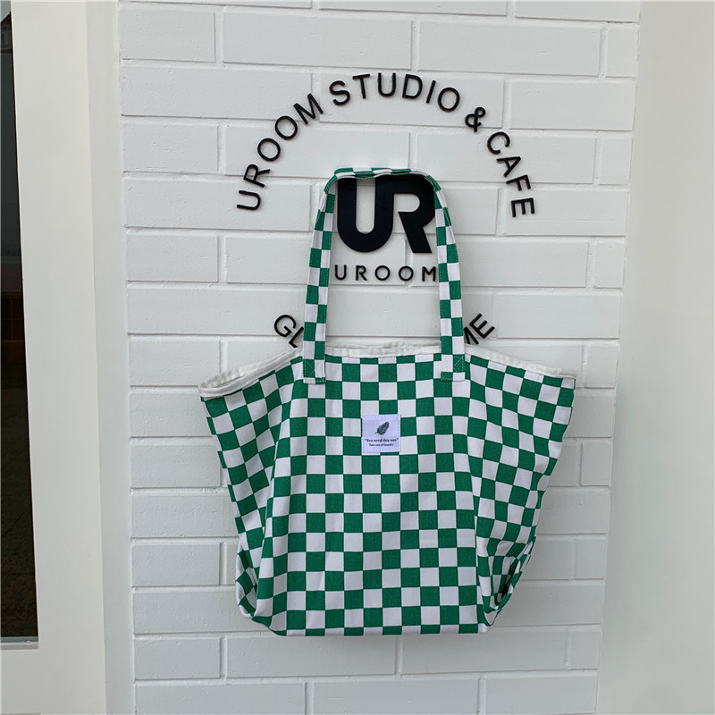 【 In Stock 】18181 checkerboard green checkered canvas bag, school-style commuter single-shoulder bag, retro hand-held tote bag undefined