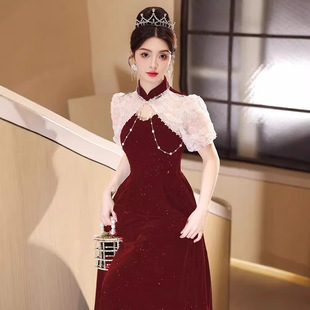 New Chinoiserie Cheongsam Toast Dress 2025 New Bride Wedding Engagement Banquet Dress Skirt Female Burgundy Wedding Dress Summer