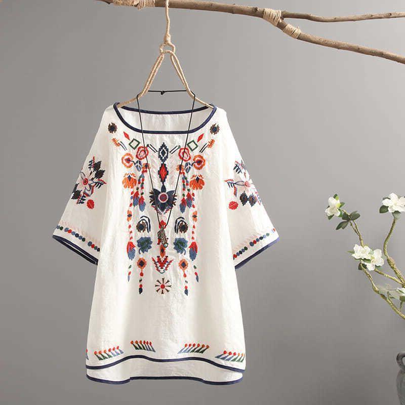 Middle-Aged and Elderly Ethnic Style Cotton and Linen Embroidered Large Size Women's Round Neck Short-Sleeved Casual Retro Literary Tops
