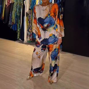 2024 Summer and Autumn New Independent Station-Urban Elegant Broken Card Neck Loose Printed Bat Sleeve Pants suit