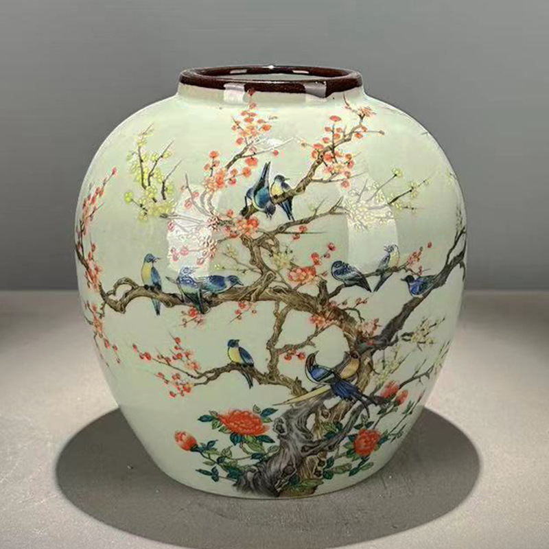 仿古玩清代光绪年制粉彩花瓶豆青釉紫边坛茶叶罐家居装饰品收藏