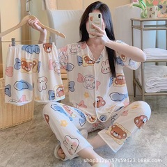 パジャマ パジャマ レディース 半袖 ショーツ 3点セット 漫画 ラペル カーディガン 学生 ホーム服 セット 屋外で着用可能