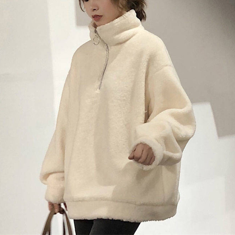 羊羔毛绒卫衣外套女加厚秋冬季韩版半开领宽松中长款拉链加绒上衣