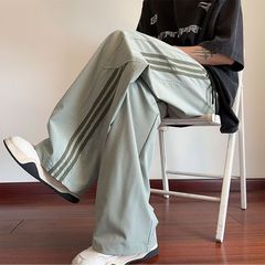 ストライプ速乾アイスシルクパンツメンズ夏薄いルーズワイドレッグボーイズスポーツパンツティーンエイジャーカジュアルパンツ