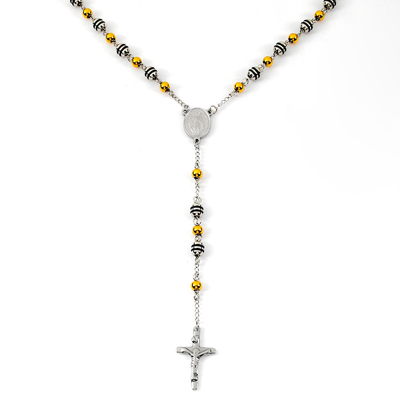 Ethnic Style Cross Stainless Steel Beaded Pendant Necklace_colorza_1