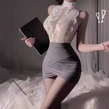 新款灰色秘书蕾丝诱惑性感制服蕾丝拼接透视睡裙睡衣性感内衣露肩