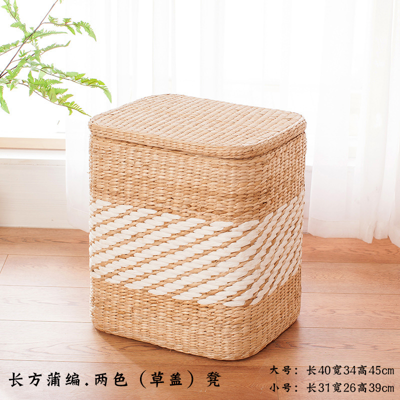 Taburete de almacenamiento de madera maciza tejido de paja Taburete de almacenamiento Taburete de cambio de zapatos tejido de ratán Taburete de maquillaje de sofá puede sentarse personas organizando caja de almacenamiento