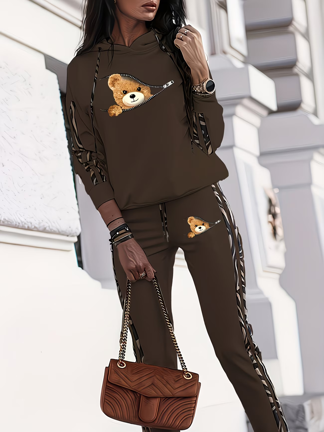 Women's Clothing Autumn Winter Zipper Bear Print Hooded Two Piece Set Casual Fashionable Style Clothing Long Sleeve For Formal & Casual For Women_ecoleips.com