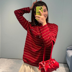复古MM家氛围感条纹长袖T恤女2025秋季新款简约风宽松打底长袖T恤