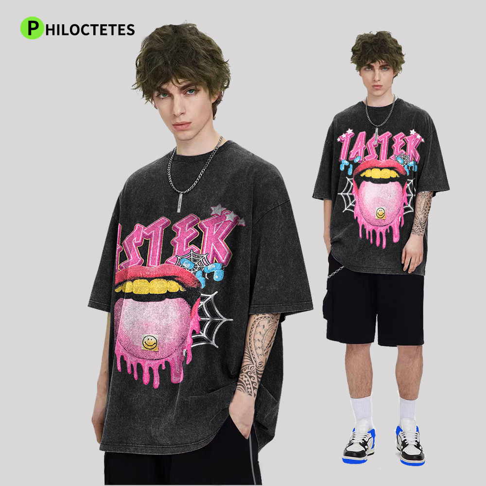 Diversión creativa gran lengua impresa camiseta lavada verano nueva marca de moda hip hop suelta manga corta Camiseta hombres marca de moda estilo americano
