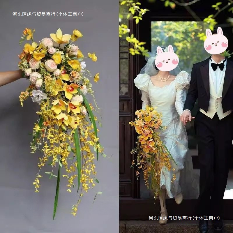 フォレストスタイル旅行写真ガーデンスタイル結婚式の写真撮影の小道具美的写真結婚式の滝水滴シミュレーション花嫁の花束|undefined
