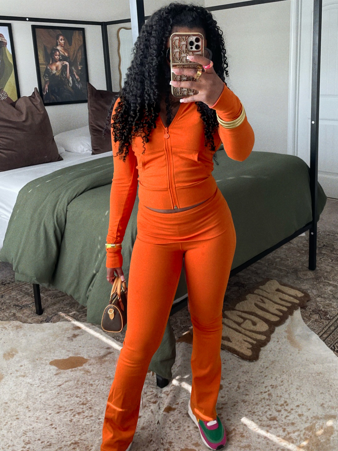 Women Clothing Sports Casual Tight Zipper Low Waist Fold Slightly Flared Fleece Lined Two Piece Sets