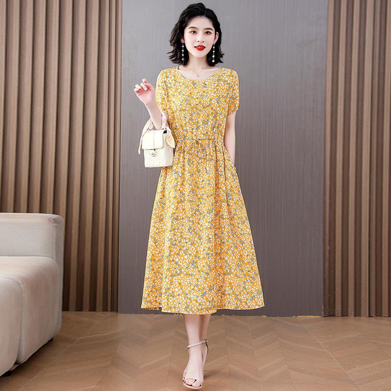 中高年向けの新しい綿シルクドレス、夏の若いスタイル、中年母親の花柄ロングスカート、エレガントなアウターウェア|undefined