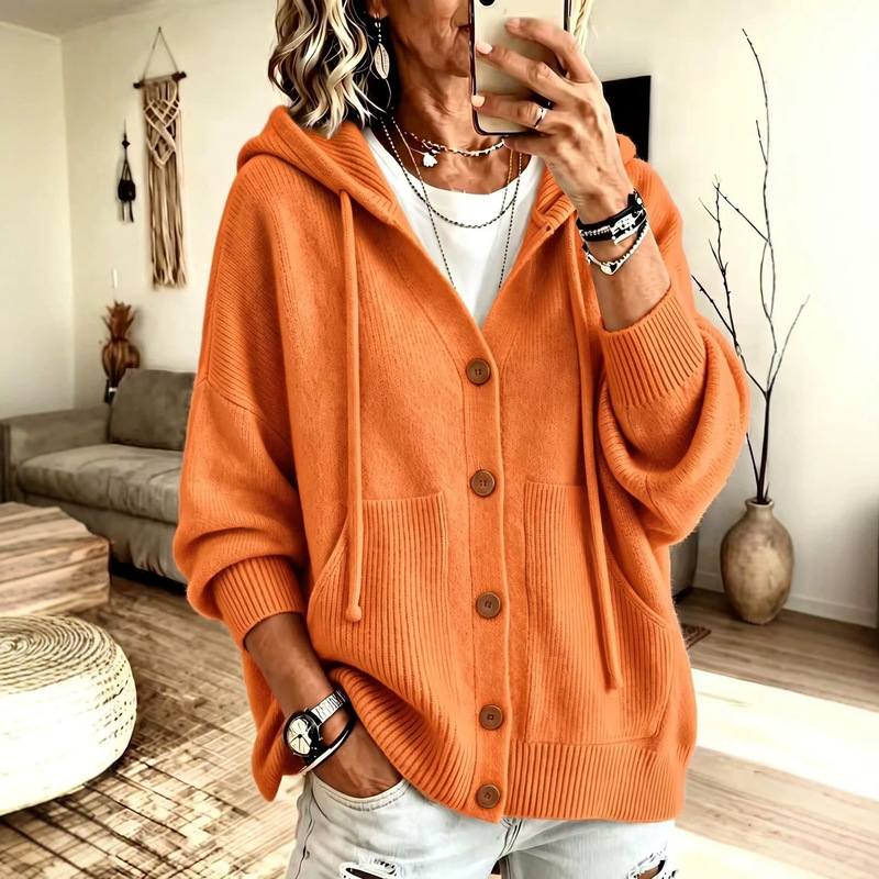 European and American style button-down knitted hooded cardigan sweater, new autumn/winter collection, solid color, casual and fashionable women's sweater European and American style button-down knitted hooded cardigan sweater, new autumn/winter collection, solid color, casual and fashionable women's sweater