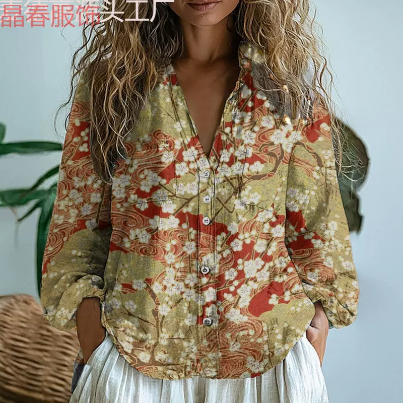 新款女装外贸衬衫跨境上衣领印花玲珑麻面料衬衣