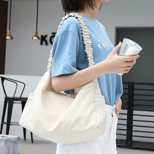 Korean Leisure Literary Canvas Tote Bag, Internet Celebrity Fashion Creased Nylon Handbag, Instagram Trendy Shoulder Crossbody Bag for Women