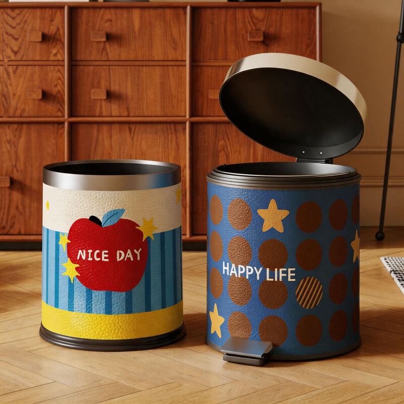 American-style household kitchen and bathroom foot-operated trash can with lid, made of plastic and leather, large size with flip-top cover